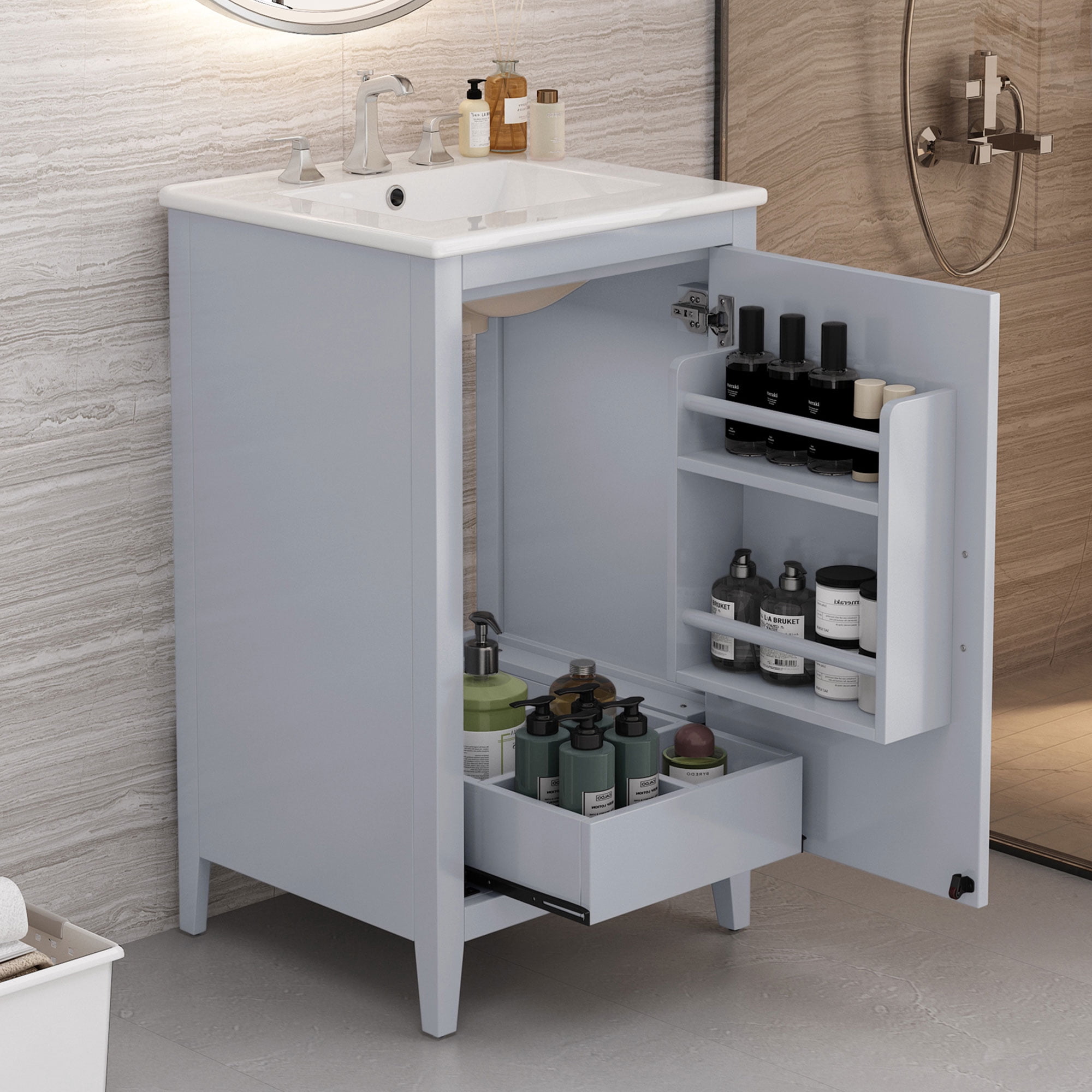 Leumius 20.3" Modern Bathroom Vanity with Sink, Functional Drawers & Built-in Door Shelves, Premium Soft-Close Doors - Sleek Space-Saving Design.Grey