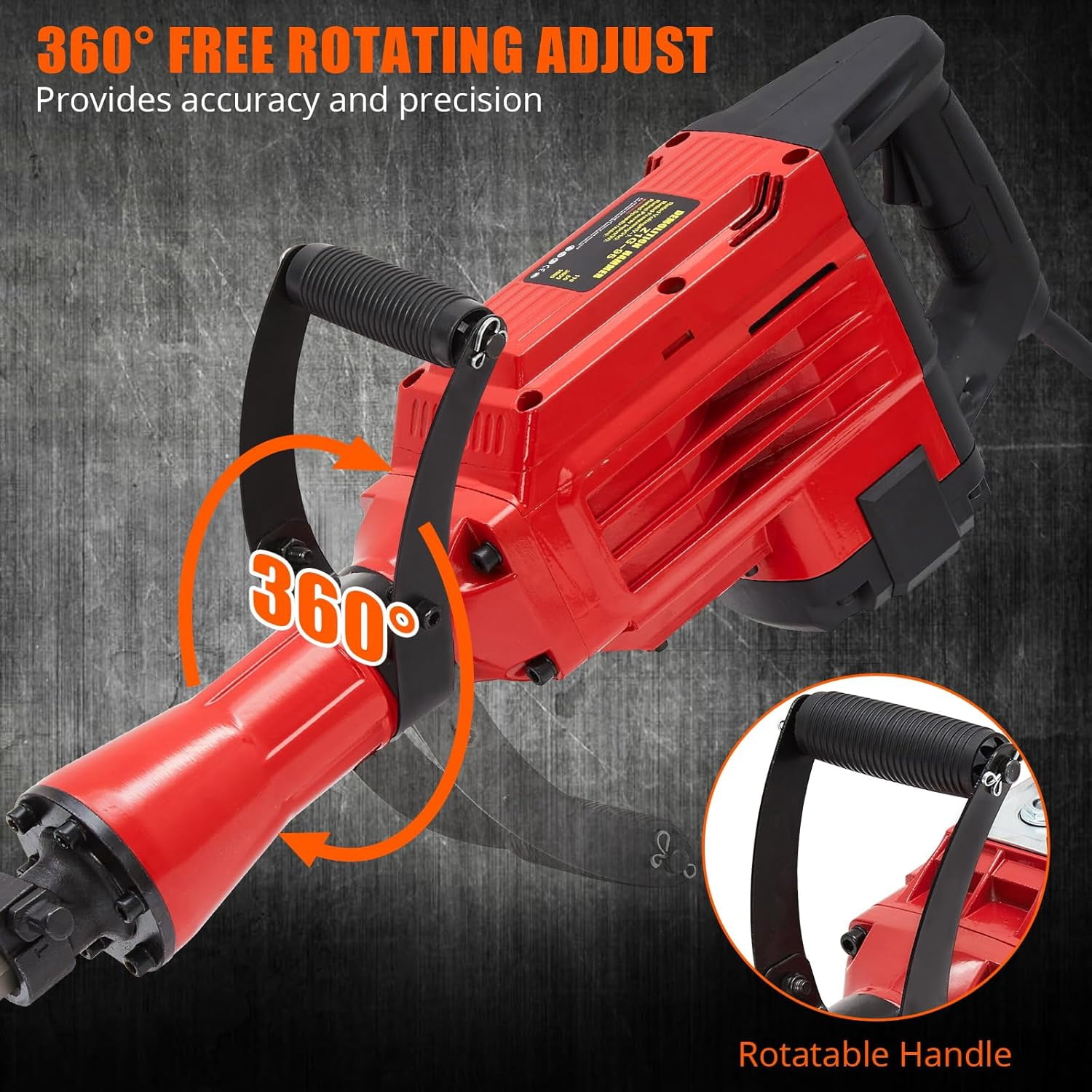 Demolition Hammer 3600W, 1800 Bpm Concrete Breaker, 4pcs Bits, Noise-Reducing Earplugs, Ergonomic Shoulder Strap, and Durable Carrying Case