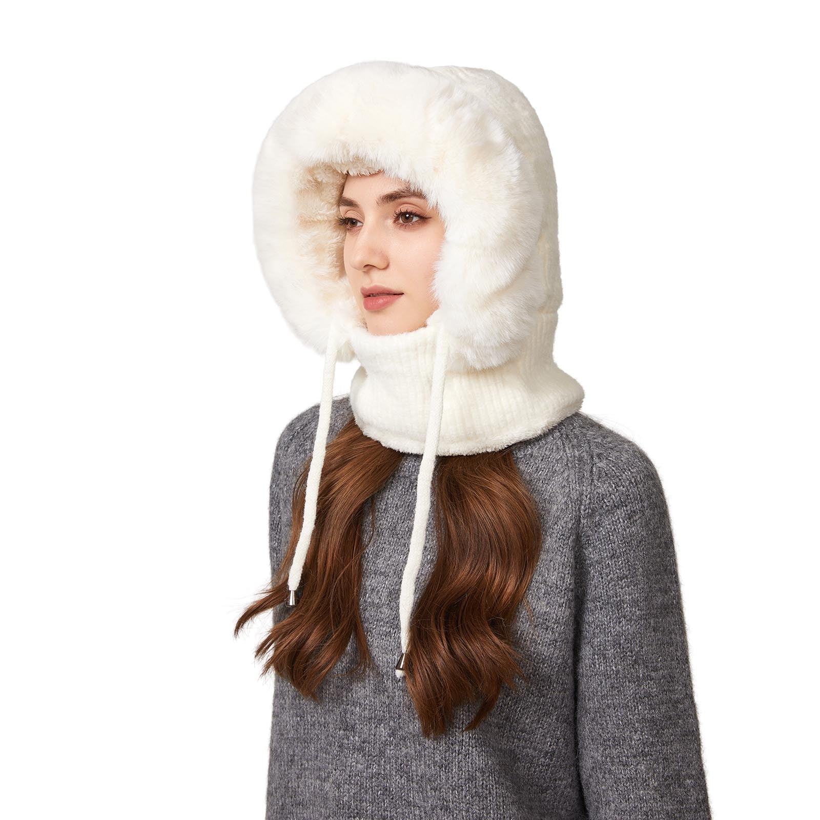 YZEGDCH White Women One Piece Slouchy Fleece Thicken Beanie Winter Hats Scarf Mask Drawstring Warm Hooded Winter Balaclava Pullover Knitted Winter Hat, Birthday Valentines Gift for Women