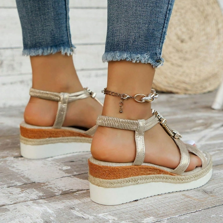 Summer Beach Wedge Sandals for Women Beaded Sparkly Dress Shoes Comfortable  T Strap Slip On Platform Strappy Sandals  Gold Size 7.5 - Walmart.com