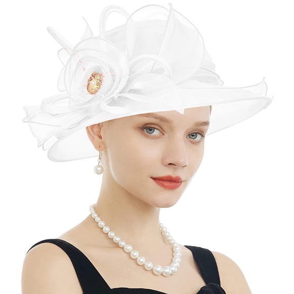 RZTA Sombrero de vestir de iglesia Kentucky Derby para mujer, ala ancha, flor de hoja, sombrero de despedida de soltera