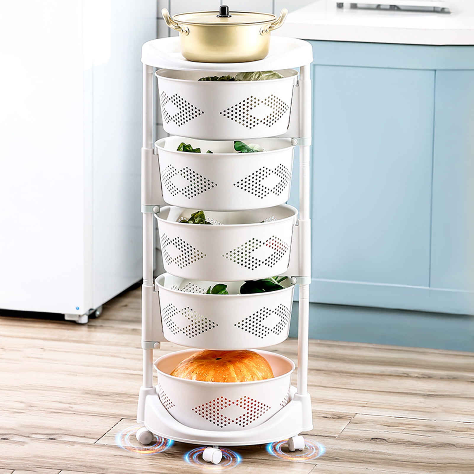 Aqzb Fruit Vegetable Storage Basket for kitchen, 5-Tier Rotating Round Plastic Baskets, PP Top & Wheels, Kitchen Storage Bins Stand Rack Cart for Onions Potatoes, Snack Rack for Living Room