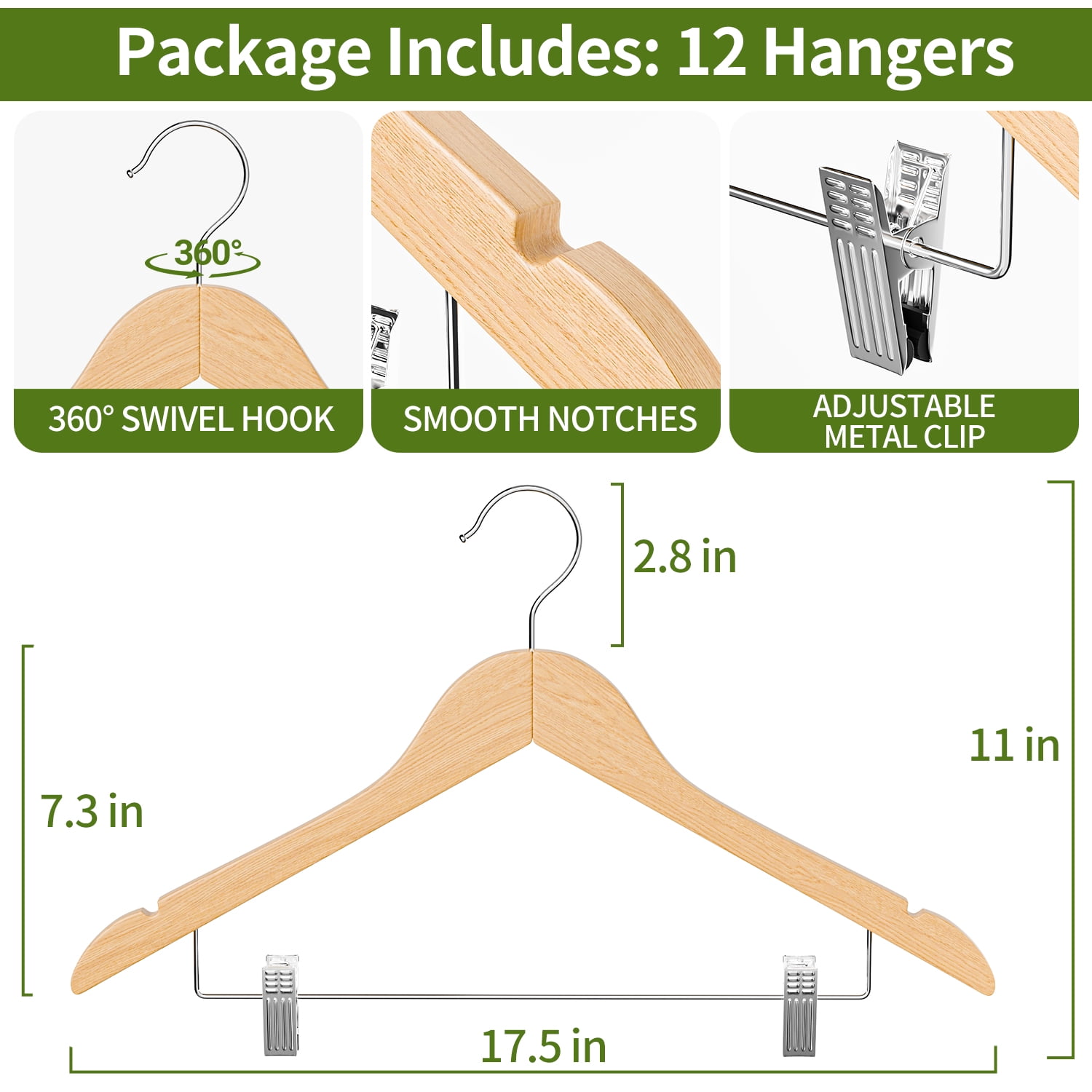 Wooden Hanger with Clips 12 Pack : Askmuse Natural Coat Hanger for Closet, Wooden Clothing Hanger with Shoulder Grooves, 360 Degree Rotatable Hook, Wood Hanger for Shirts, Jackets, Dress, Pant