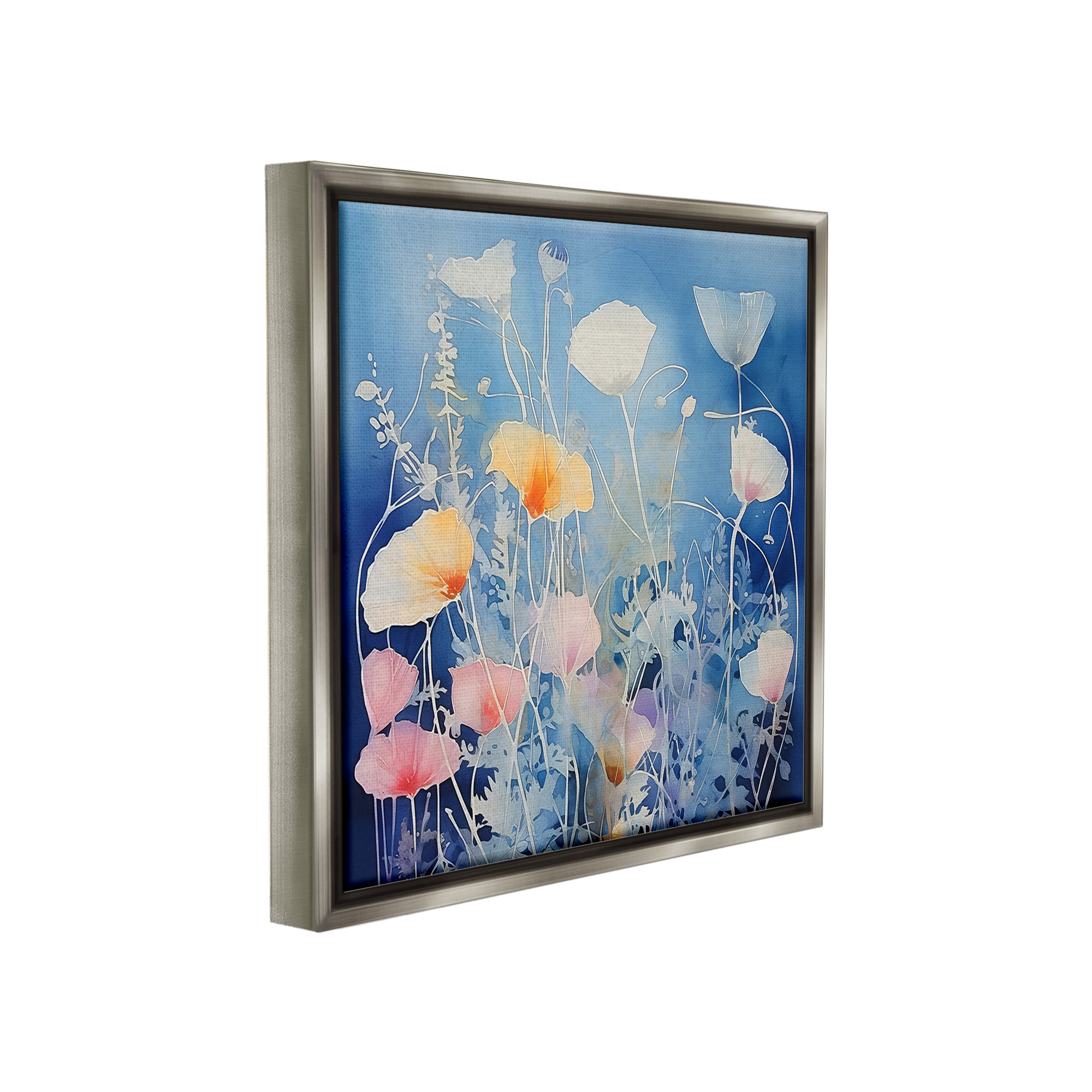Stupell Industries Tranquil Blue Poppies Botanical & Floral Painting Gray Floater Framed Canvas Art Print Wall Art, 25 x 25