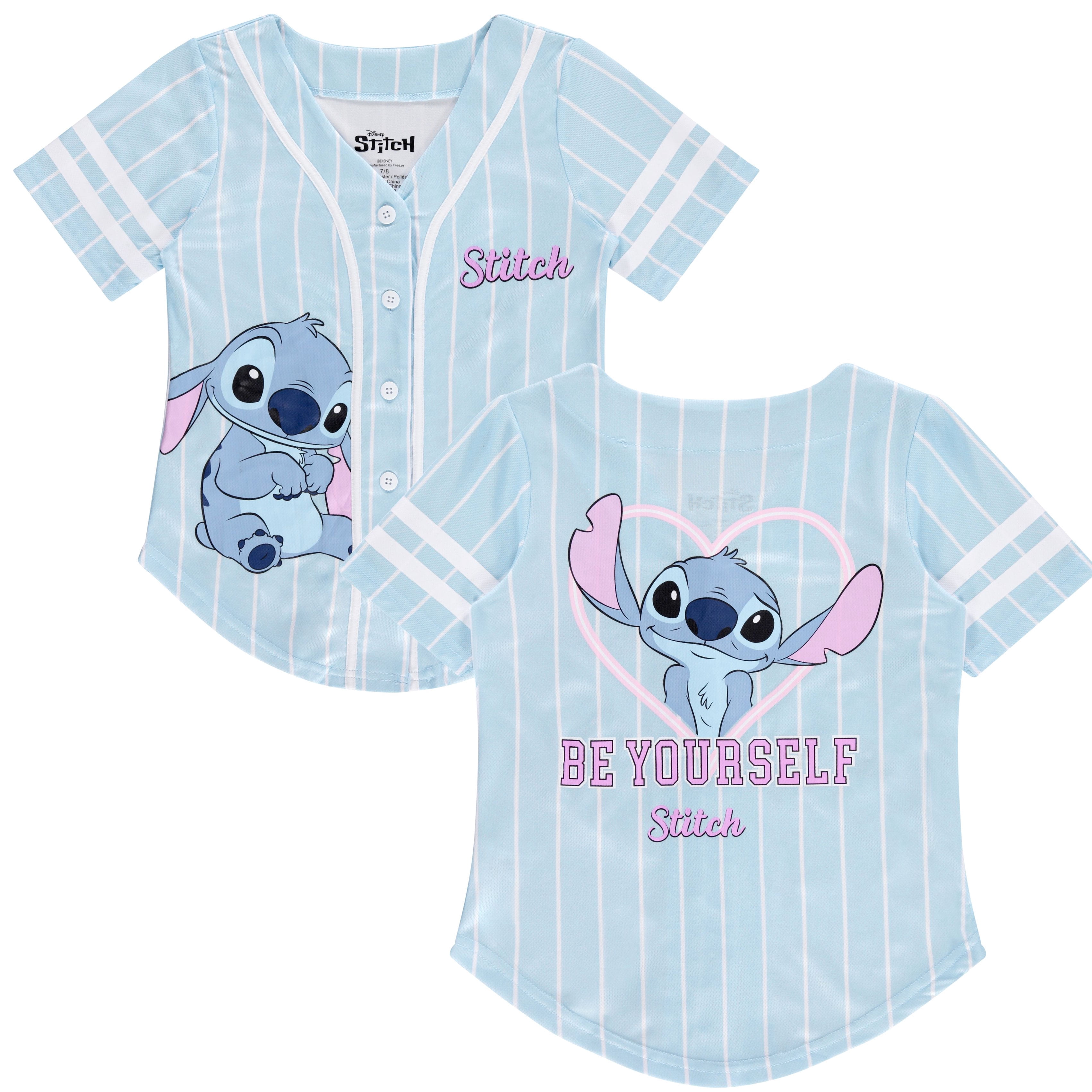 Disney Lilo & Stitch Girls Baseball Jersey Shirt Button Down Kids Tee Stitch Angel Sizes 4-16 Mint/White