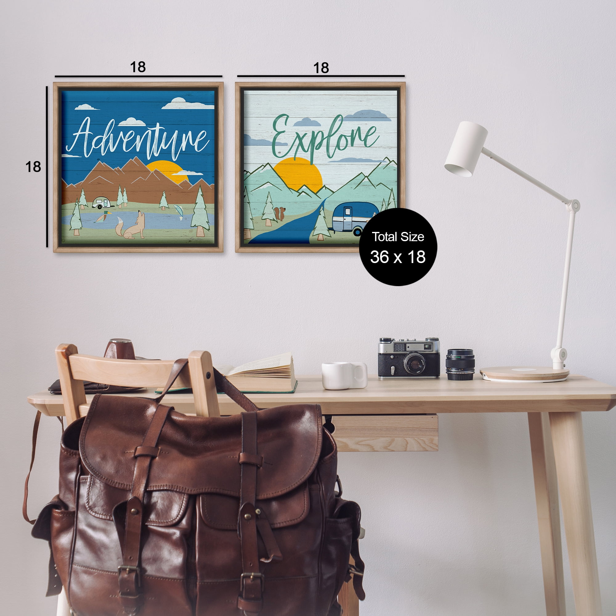Stupell Industries Adventure Explore Camping Landscape & Nature Painting Brown Floater Framed Canvas Art Print Wall Art, 18 x 18, Set of 2