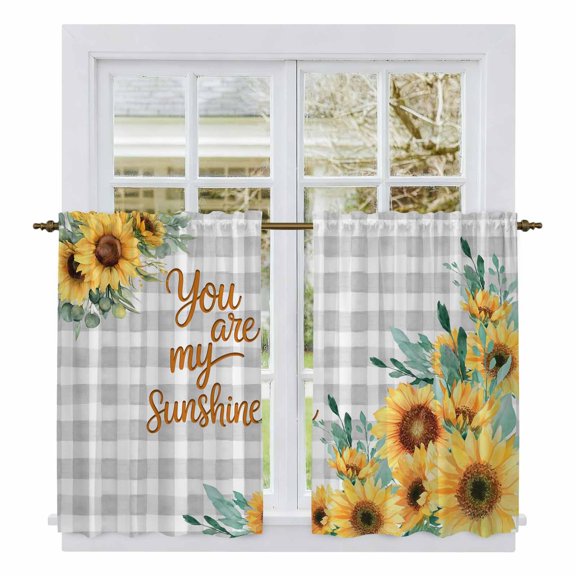 Sunflower Tier Curtains 54 Inch Length, Summer Botanical Checkered Yellow Floral Cafe Short Curtains for Bathroom Over Sink, Small Kitchen Curtain Light Filtering Tiered Drapes 2 Panels 27.5"Wx54"L