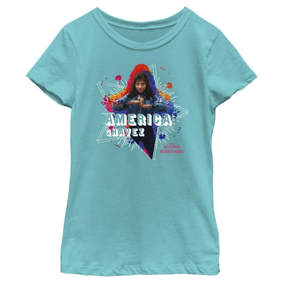 Girl's Marvel Doctor Strange in the Multiverse of Madness America Chavez Paint Splatter Graphic Tee Tahiti Blue X Large