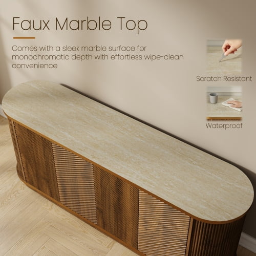 63" Diagonal Fluted Sideboard Cabinet with Gold Trim & Faux Marble Top – Buffet Credenza TV Stand for Living Room, Dining Room, Walnut