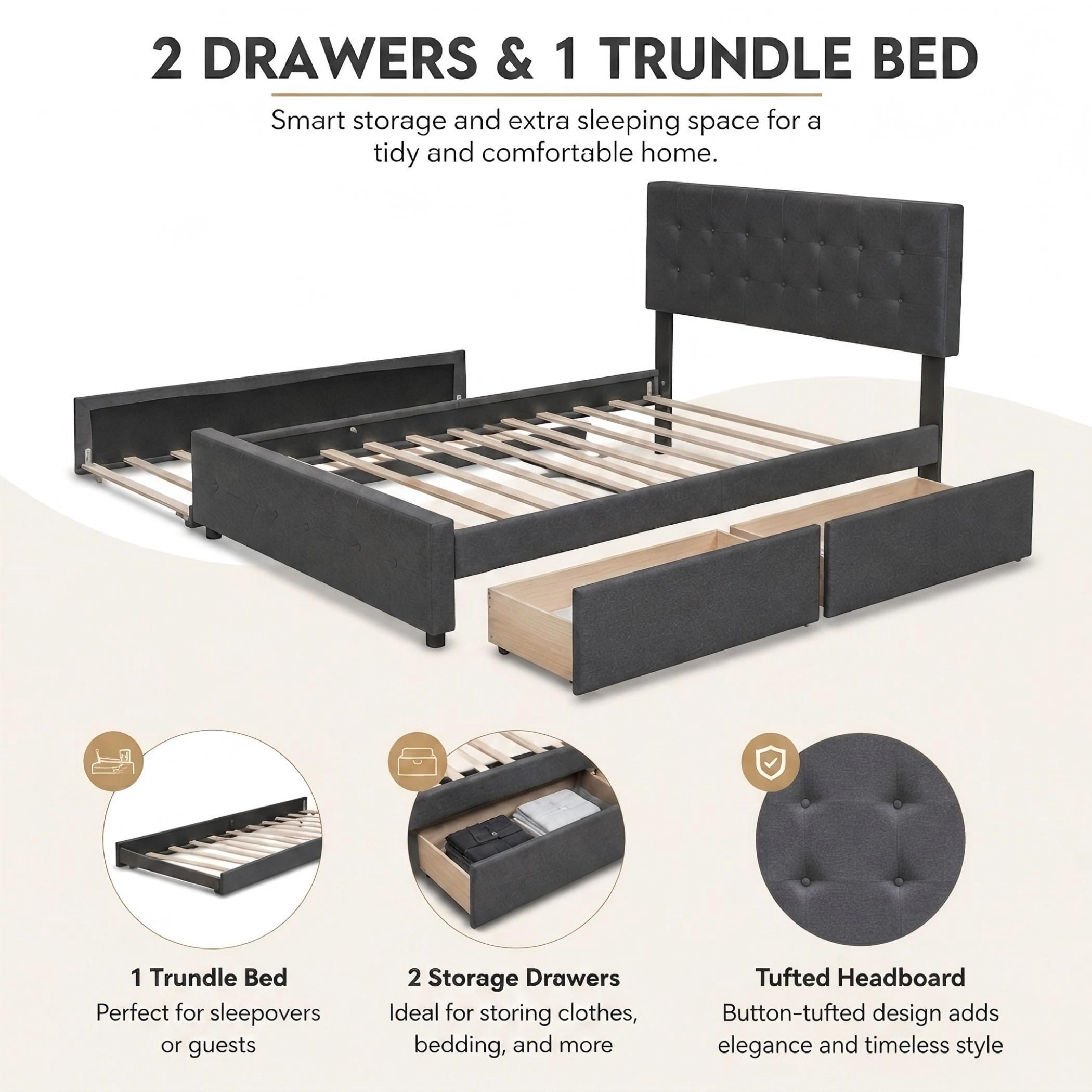Aukfa Queen Upholstered Platform Bed with Twin XL Trundle and 2 Storage Drawers, Linen Fabric Tufted Headboard & Footboard, Drak Gray