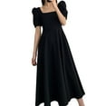 thumbnail image 6 of Women Summer Black Puff Sleeve Elegant Dress Square Collar A-Line Casual Solid, 6 of 10