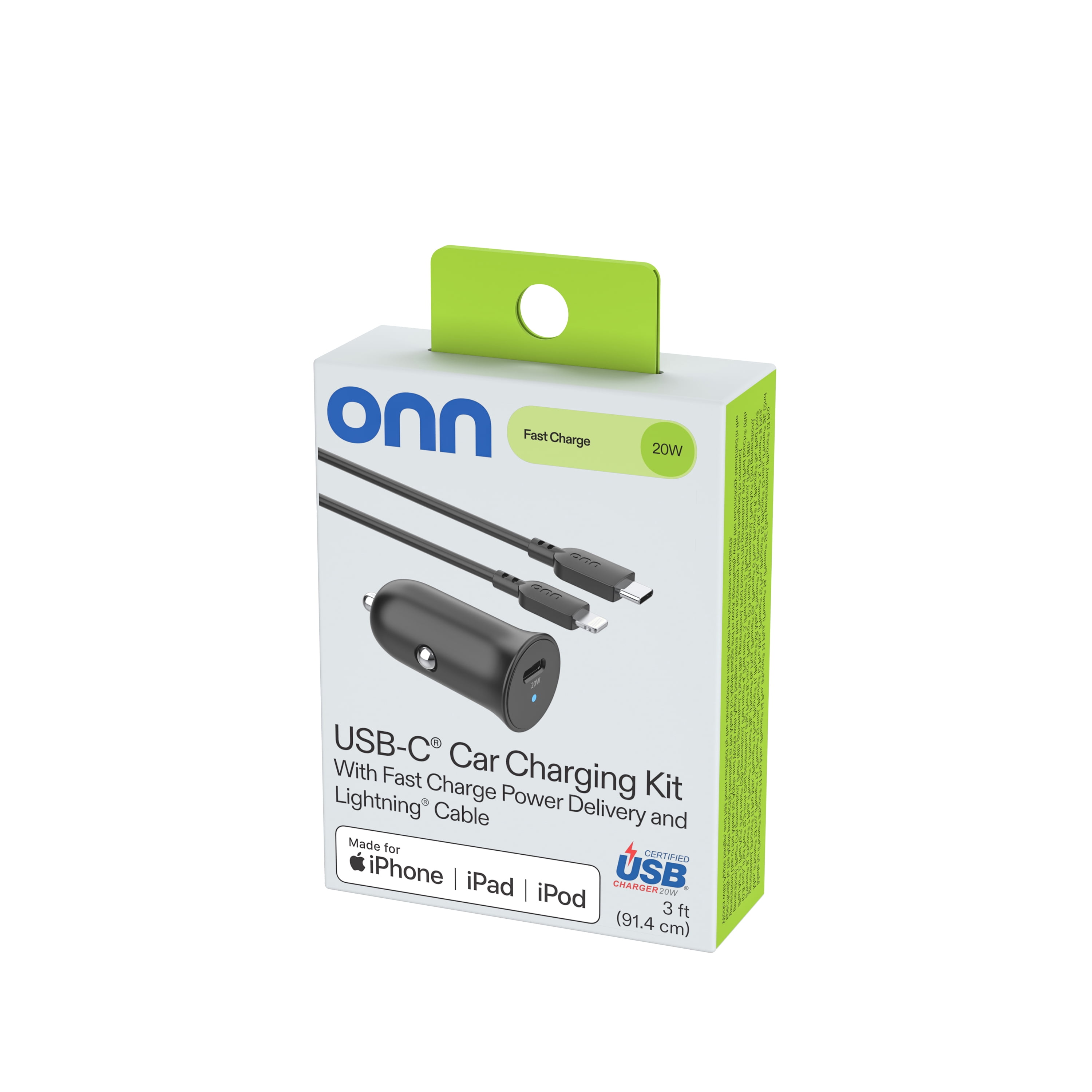 onn 20W Single USB-C Port Car Charger With 3ft Lighting to USB-C Cable, Fast Charging, USB-IF Certified, Black - Compatible with iPhone 17/16/15 Series, Galaxy, Note, Pixel Devices iPad Pro, & More