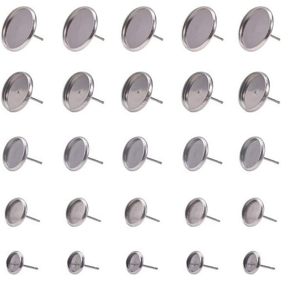 60pcs 5 Size(6mm/8mm/10mm/12mm/14mm) Flat Round Stainless Steel Stud Earring Components For DIY Jewelry Making