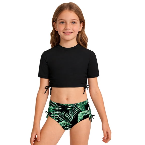 WAYUTE Girls Swimsuits 2 Piece High Waisted Comfort Short Sleeve Tankini Top and Bottom Sporty Swimwear Water Activities