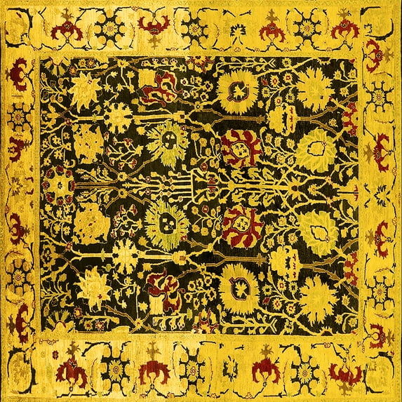 Ahgly Company Machine Washable Indoor Square Oriental Yellow Traditional Area Rugs, 3' Square