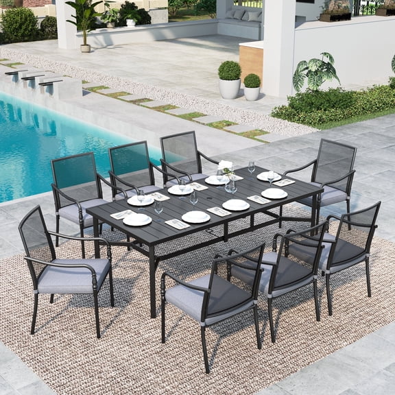 SUMMIT LIVING 9-Piece Outdoor Dining Set, Steel Chairs with Cushions and Rectangle Table, Black/Gray