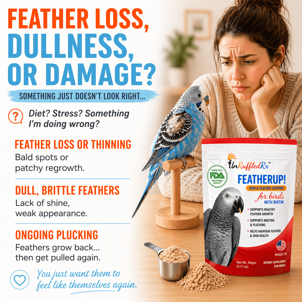 UnRuffledRx FeatherUp! Feather Growth Supplements for Parrots, 90 gm, 240 Count
