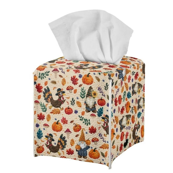 FUIALDOLG Thanksgiving Turkey Gnome Tissue Box Cover Square, Waterproof Tissue Box Holder with Bottom Belt - PU Leather Decorative Organizer for Tabletop, Bathroom, Car, Office