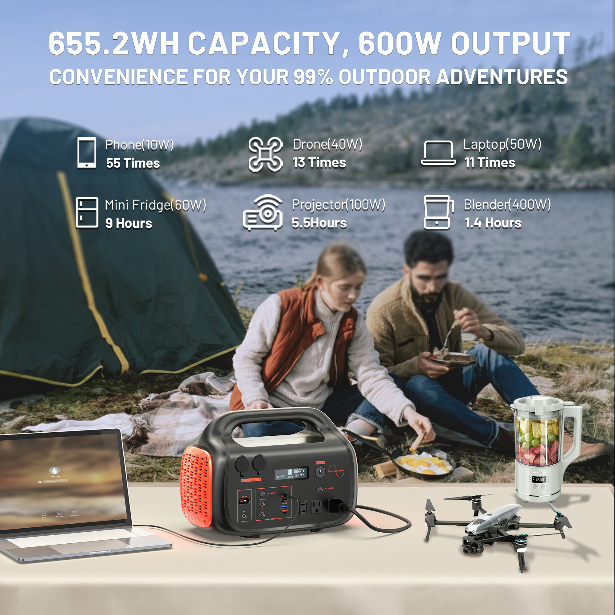 Portable Power Station 600W - 655Wh Solar Powered Generator 110V Pure Sine Wave with AC Outlet, Solar Power Bank for Home, Camping, Outdoor Use
