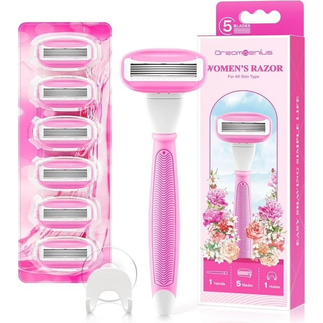 Rasoirs pour Femmes avec Support de Douche, 5 Lames de Qualité Supérieure Rasoirs pour Femmes pour le Rasage Incluant 1 Manche Antidérapant et 7 Recharges de Lames avec Lubrification à 360° Réduit l'Irritation, Rose