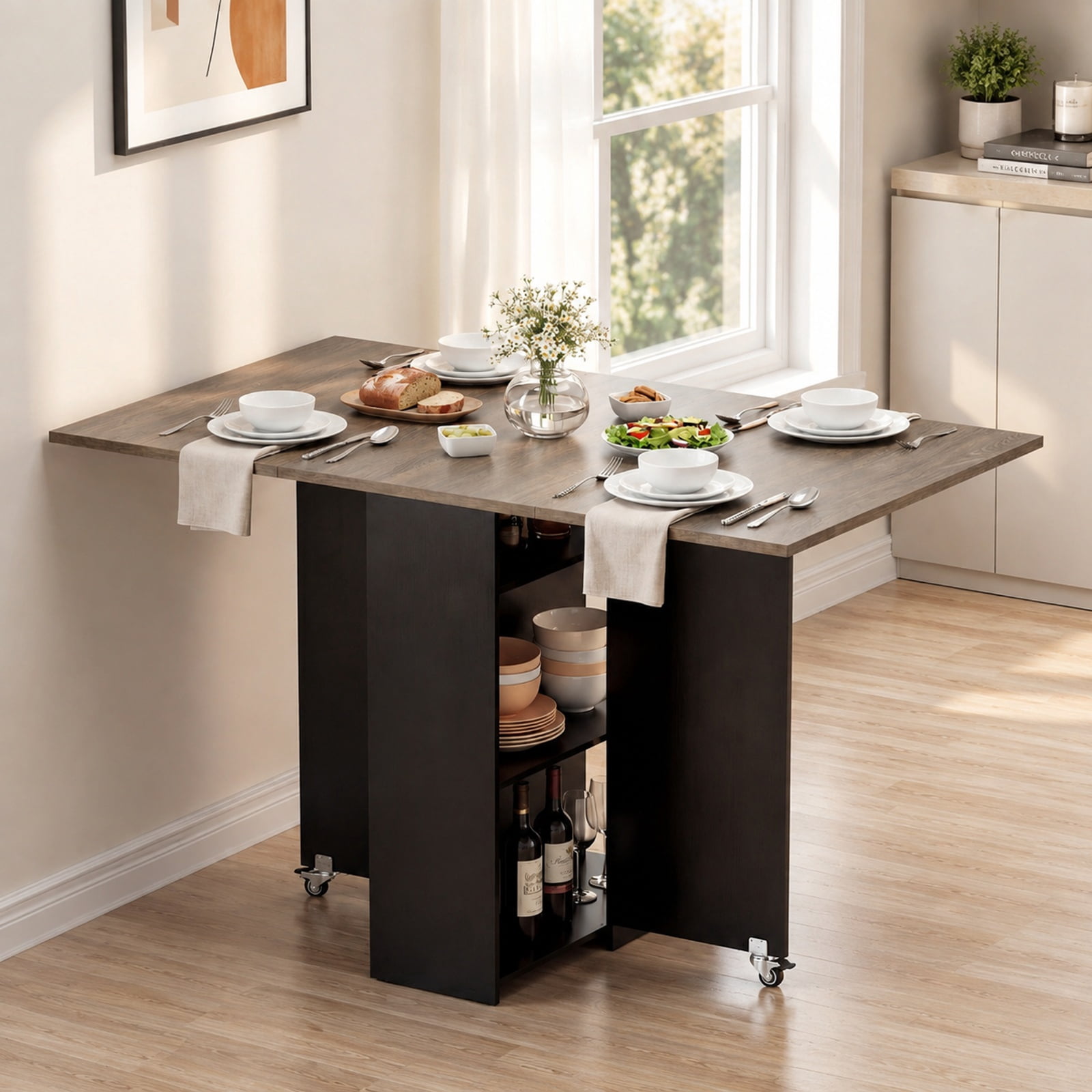 Furnibear 47.5 Inch Farmhouse Extendable Drop Leaf Dining Table with Storage Drawer Shelves and Lockable Wheels for Small Spaces, Rustic Brown