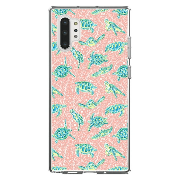 DistinctInk Clear Shockproof Hybrid Case for Galaxy Note 10 PLUS (6.8" Screen) - TPU Bumper, Acrylic Back, Tempered Glass Screen Protector - Preppy Pattern - Turtles on Pink Background