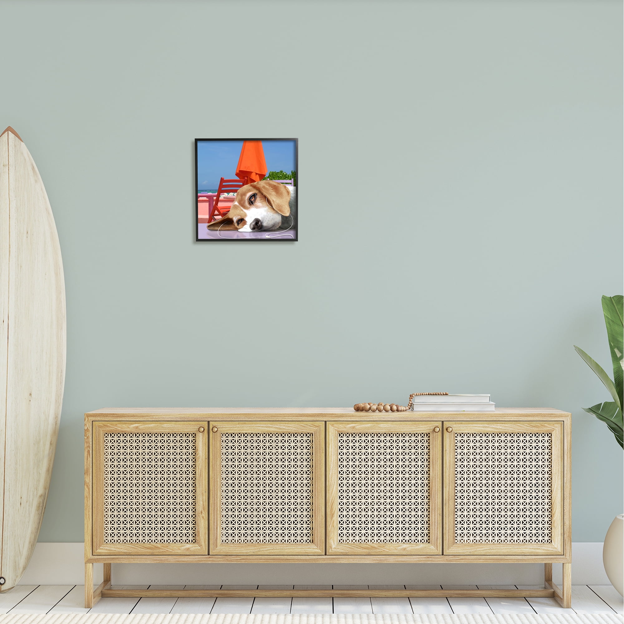 Stupell Industries Tired Dog Laying Music Headphones Summer Beach Graphic Art Black Framed Art Print Wall Art, Design by Noah Bay