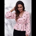 thumbnail image 4 of Top de Larga para Mujer, Jersey Fino, Cuello en V, Abullonada, Babydoll, Ligero, de Poliéster Rosa M, 4 of 10