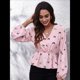 thumbnail image 4 of Top de Larga para Mujer, Jersey Fino, Cuello en V, Abullonada, Babydoll, Ligero, de Poliéster Rosa M, 4 of 10
