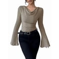 thumbnail image 3 of Women Long Sleeve Cowl Neck Ribbed Knit Fall Shirts Slim Fit Ruched Going Out Crop Tops Basic T-Shirts Khaki XXL, 3 of 9