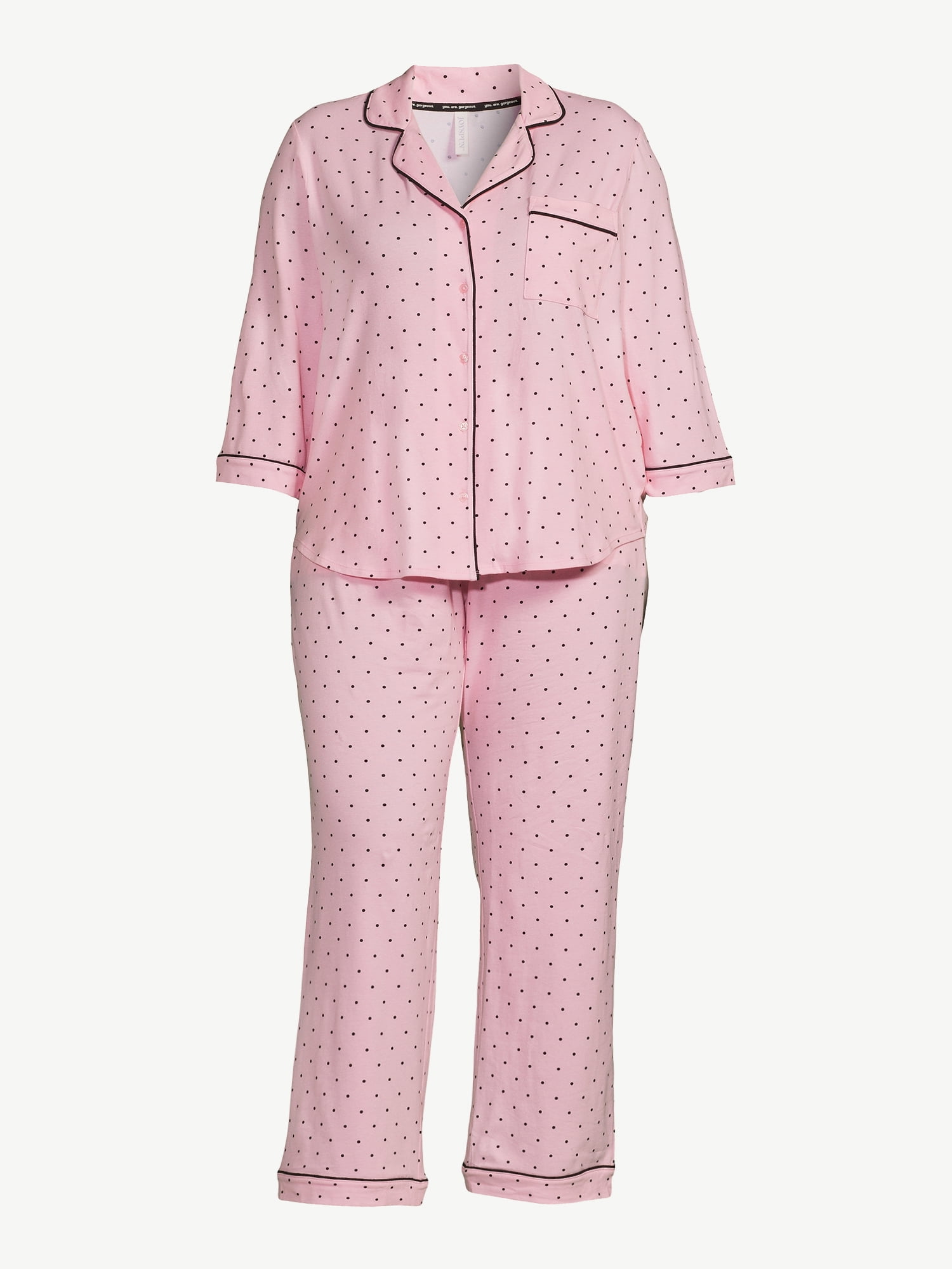 Joyspun Women’s Cotton Blend Notch Collar Top and Pants Pajama Set, 2-Piece, Sizes S-4X