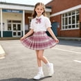 thumbnail image 5 of SAWOBUUN Girls' School Uniform Set Short Bubble Sleeve Button Down Shirt with Bow Tie and Plaid Pleated Mini Skirt - 3 Piece Outfit for Kids, 5 of 6