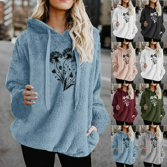 Miluxas Womens Fall Winter Oversized Hoodies Fleece Sweatshirts Dandelion Graphic Drawstring Long Sleeve Plush Pullover Top White XL(XL)