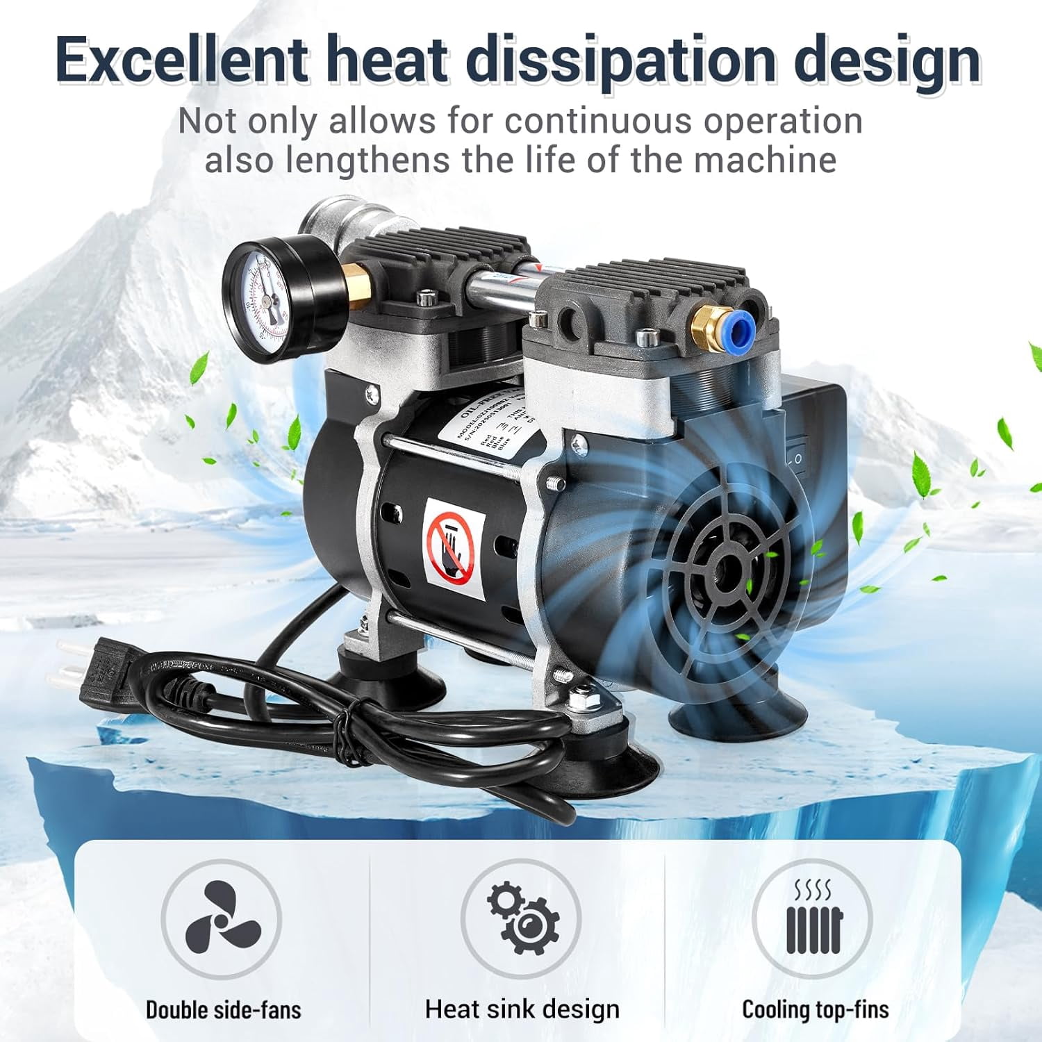 FOUR E's Scientific Vacuum Pump 50L/Min, Oilless Lab Pump with Upgraded Capacitor, Vacuum Meter, Aluminum Silencer, for Laboratory Electronics Industry