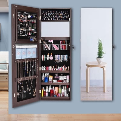 Bonnlo New Large Jewelry Mirror Cabinet Organizer Armoire Wall/Door Mounted Lockable Brown