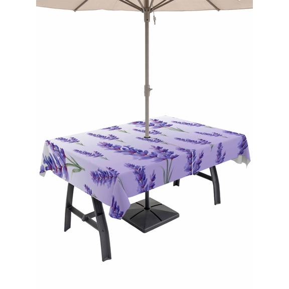 Outdoor Tablecloth with Umbrella Hole for Patio/Picnic/Party/Camping, Purple Lavender Waterproof Table Cloth Rectangle Table Cover Washable, Spring Watercolor Wildflower Garden Floral (60"x 84")