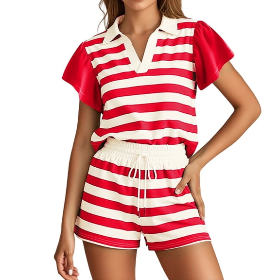 Laipiong Women's 2 Piece Short Suits for Summer Casual Stylish Striped Design with Round Neck and Versatile Wear Options 2 piece sets for women summer