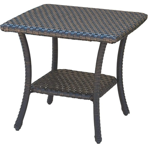 PARKWELL Square Patio Brown Wicker Side Table Rattan End Table with Wicker Outdoor Side Table Top and 2-Tier Storage Shelf