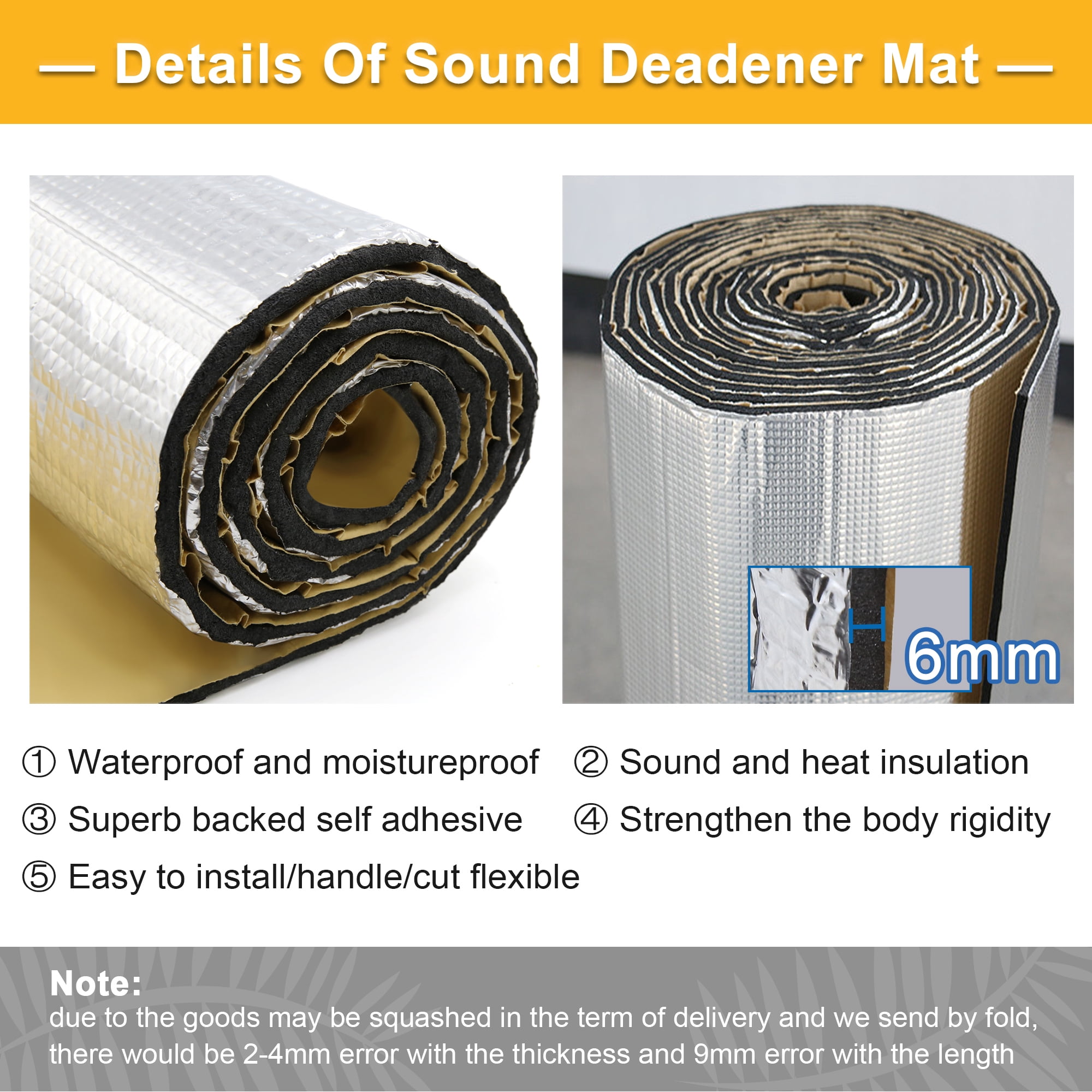Unique Bargains Universal 6mm Car Door Firewall Heat Sound Deadener Insulation 39"x39"