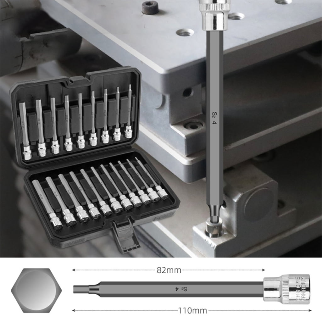 20PC 3/8" Drive Extended Long Allen Hex Bit Sockets Set Metric 3mm 12mm British 1/8" 7/16" Storage Case Included