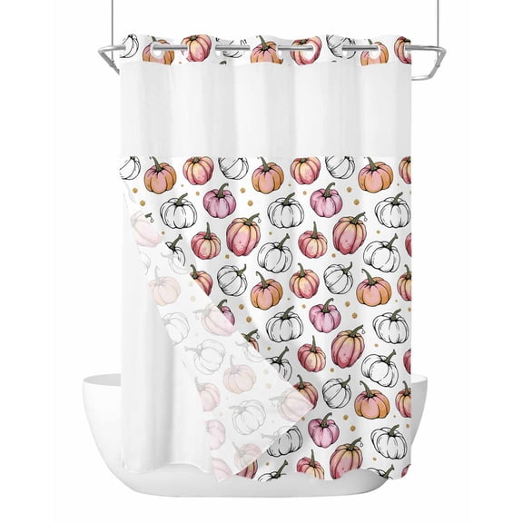 No Hook Cloth Fabric Shower Curtain with Snap in Liner, White Thanksgiving Waterproof Shower Curtains Set with See Through Top Window, Pink Pumpkins Abstract Farmhouse Bath Curtains Shower 48"x72"
