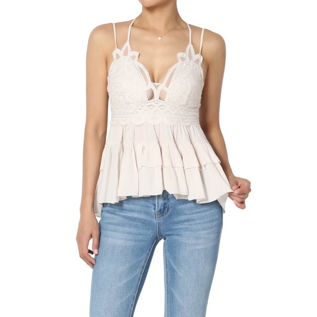 TheMogan Women's S~3X Cross Strap Smocked Back Crochet Lace Ruffle Peplum Cami Top
