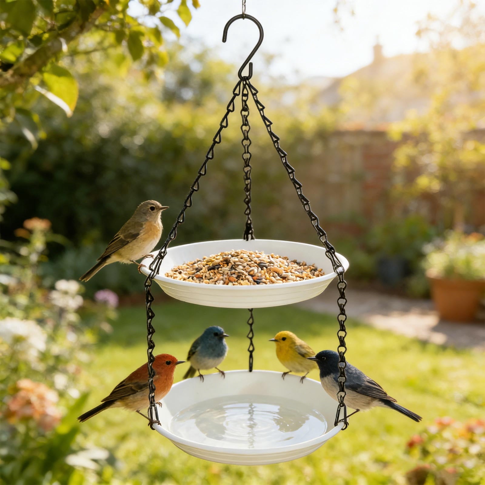 Double Layer Hanging Bird Feeder 2-in-1 Outdoor Tray for Water and Wild Bird Seed, Compact White Plastic Feeding Dish with Chain, Easy to Clean for Garden Patio