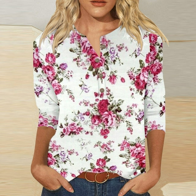 MKLEKYY Camisetas Mujer Camiseta Informal De Manga Tres Cuartos Con Cuello En V Y Estampado Geométrico Degradado Colorido Para Mujer Talla S