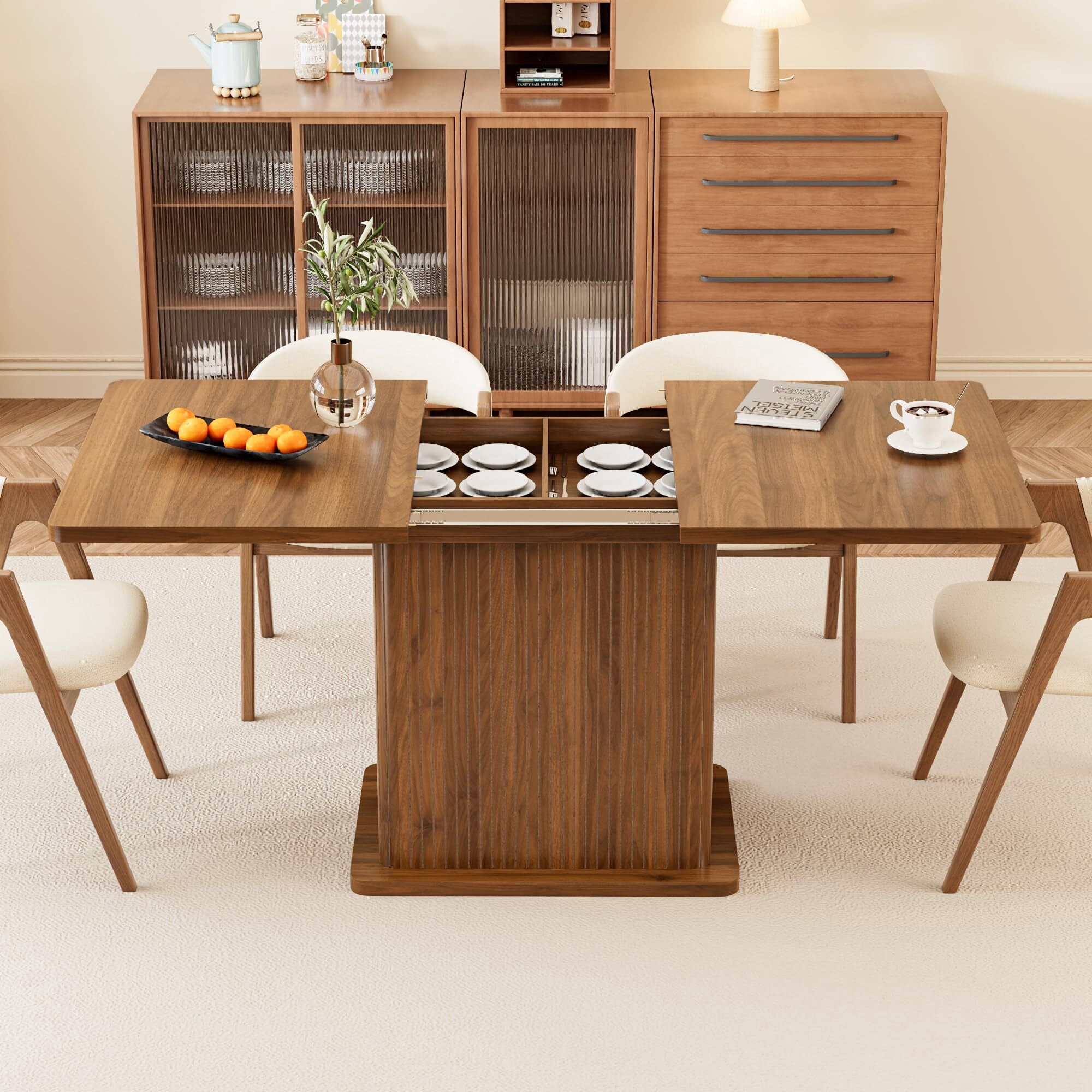 Extendable Black Dining Table 47-65", Seats 4-6, Fluted Wood Kitchen Table with Storage, Mid Century Modern, Walnut