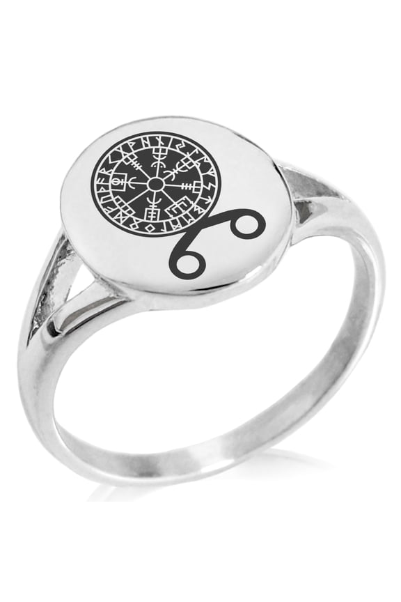 Stainless Steel Binding Vegvisir Troll Cross Runic Viking Minimalist Oval Top Polished Statement Signet Ring