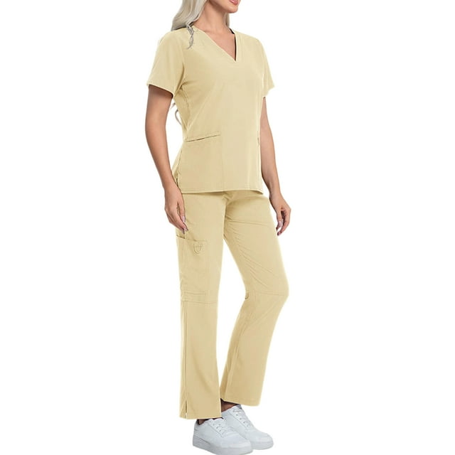 Ensemble de Blouses Médicales pour Femmes, Ensemble de Costume de Protection à Manches Courtes et Couleur Unie Confortable et Décontracté pour Femmes Beige