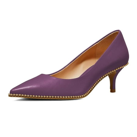 XYD Women Comfort Kitten Heels Pumps Slip On Pointed Closed Toe Studs Around Formal Office Shoes Size 13.5 Purple