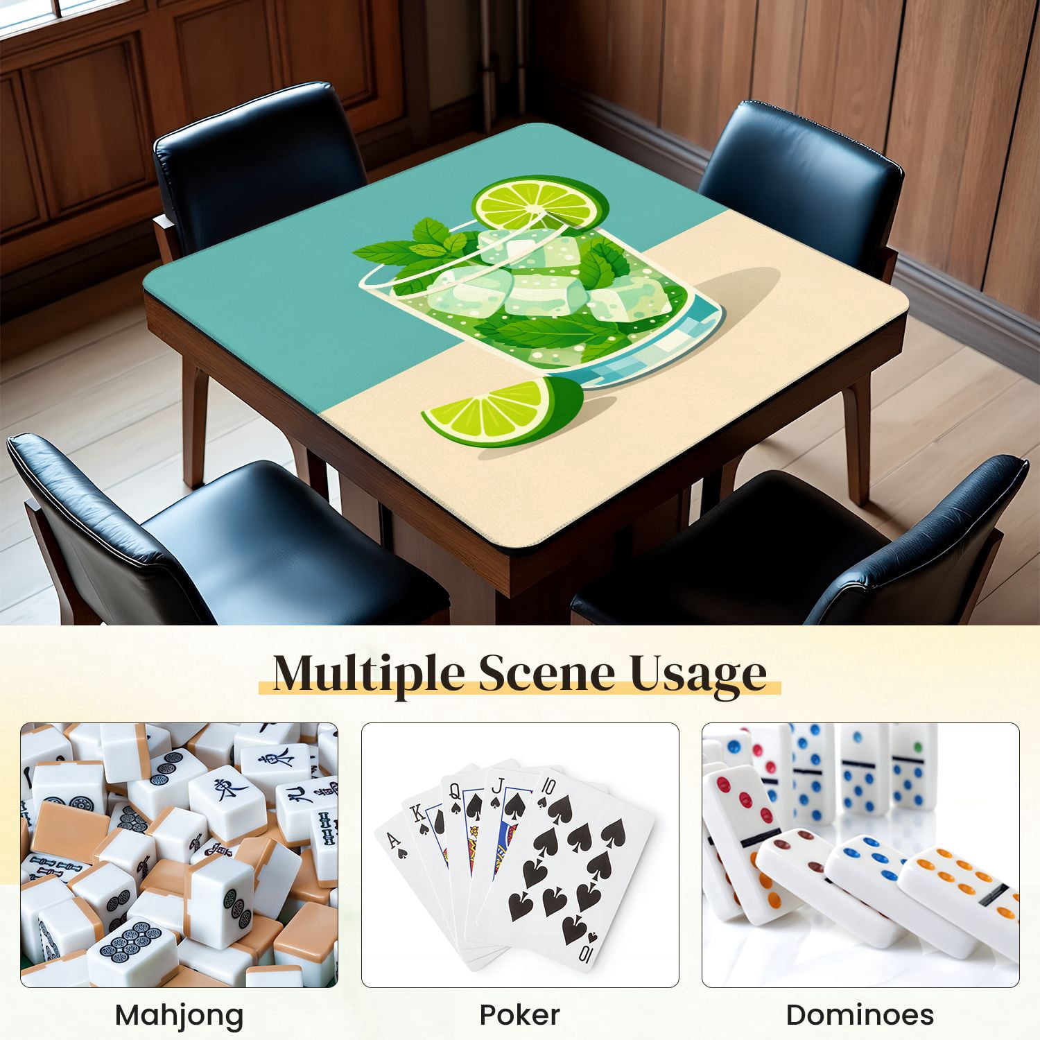 Mahjong Mat 31.5" x 31.5" Mint Mojito Cocktail Lime Ice Cubes Glass Non-Slip Noise Reduction Mahjong Tiles Table Cover for Dominoes Poker Card Board and Tile Games
