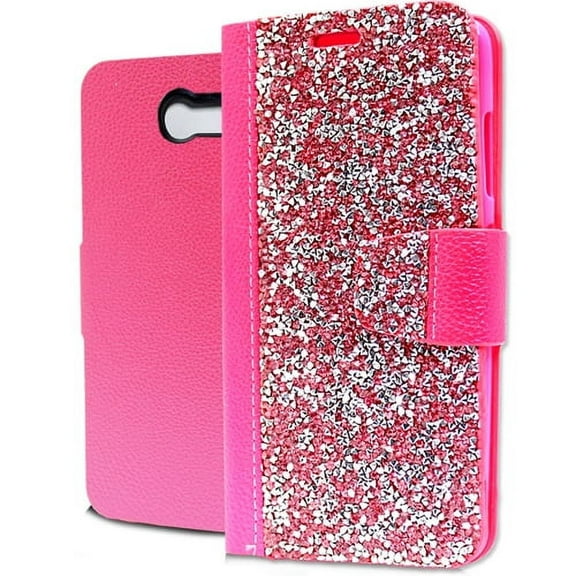 GSA Rock Bling Wallet Case For Samsung Galaxy J3 (2017), J327 - Hot Pink/Silver